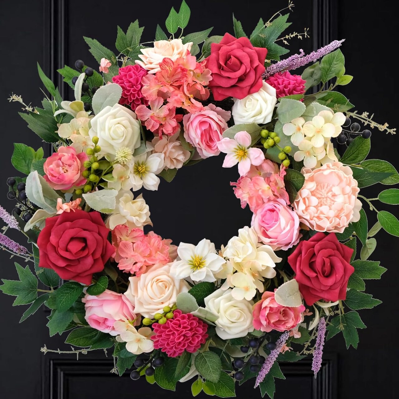 22 Inch Spring/Summer Floral Wreaths for Front Door,Artificial Decoration Wreath with Rose Dahlia Hydrangea for Home Valentine Wedding Mothers Day Decor(RED)